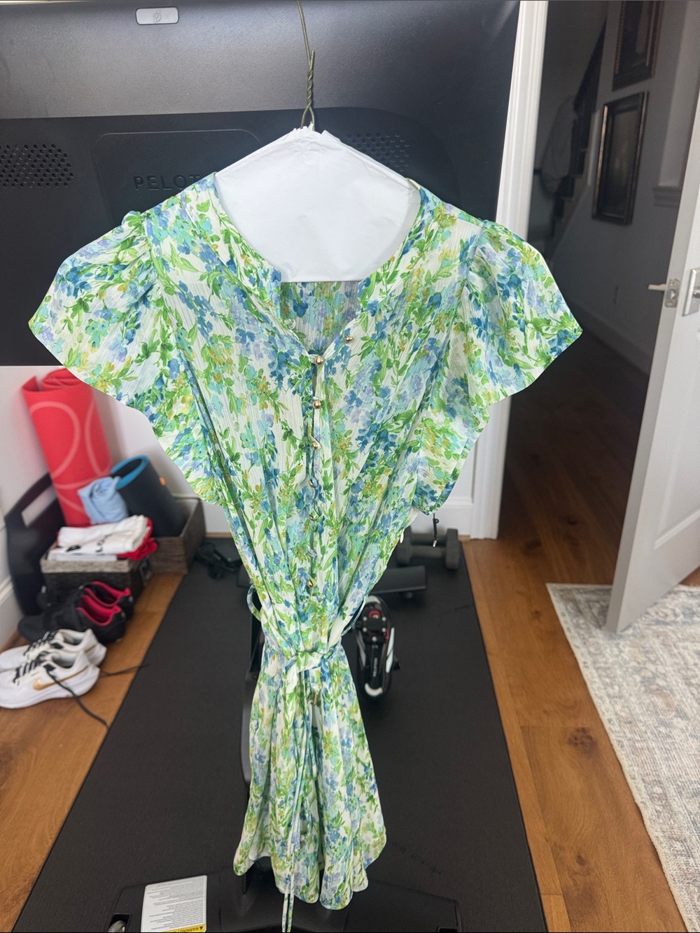 Zara Floral Tie-Waist Flutter Sleeve Dress - Green & Blue